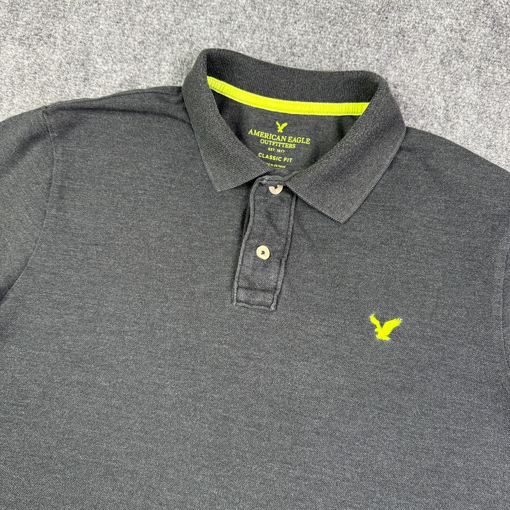American Eagle Classic Fit Polo Shirt Mens Large Black Neon Green Logo Pique